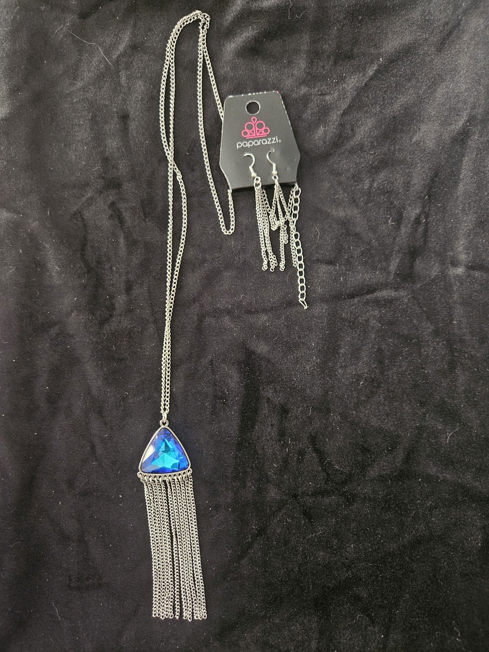 paparazzi Silver Blue Triangle Tassel Necklace and Earrings